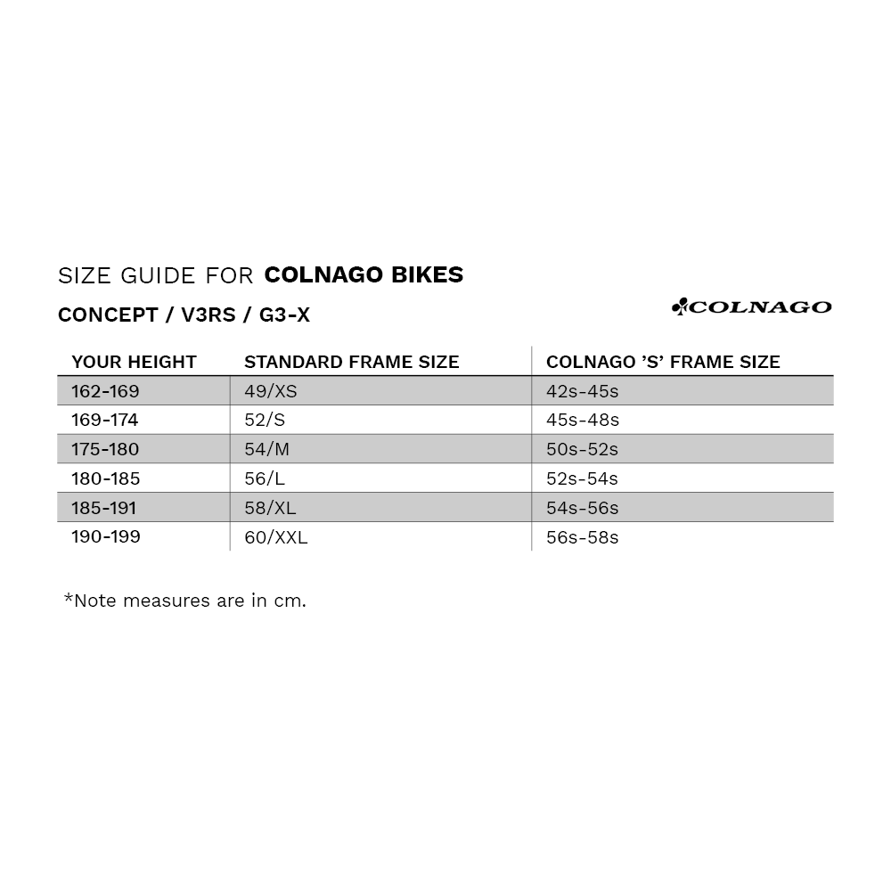 Colnago road store bike size chart